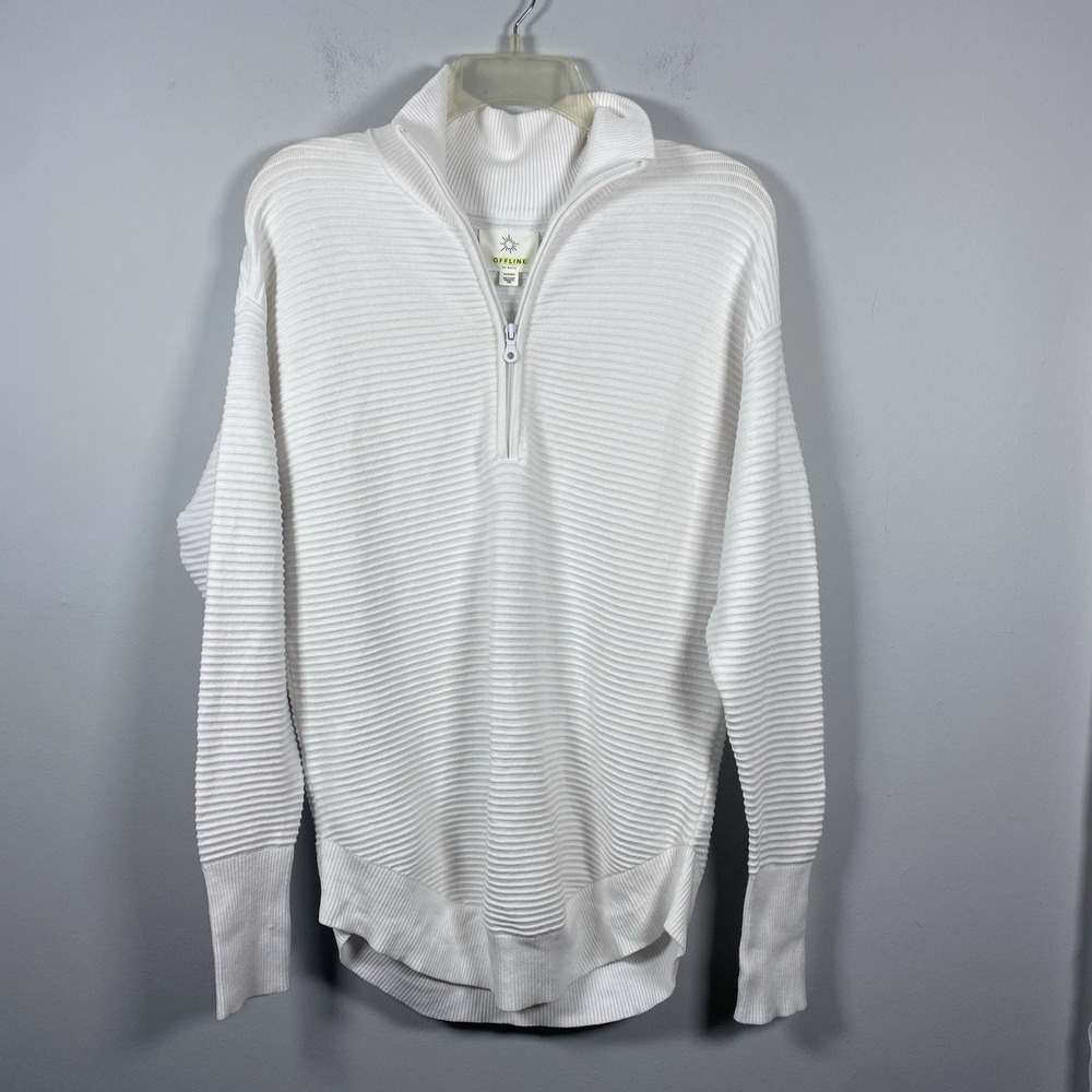 Aerie Offline‎ White Ribbed Oversized 1/4 Zip Pullover Top Women's Size XS Shirt